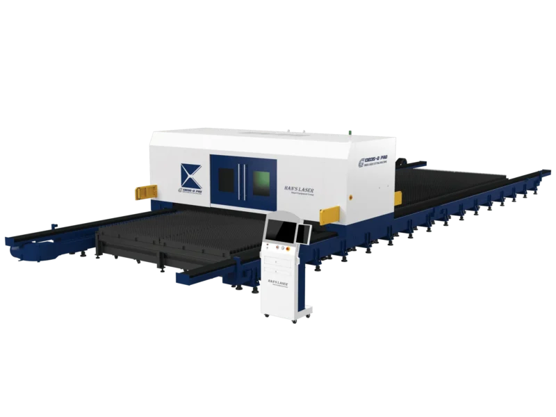 Волоконний лазерний комплекс Han's Laser G13035-O PRO у синьо-білому корпусі, з видом на кабіну захисту, станину та мобільну стійку ЧПК