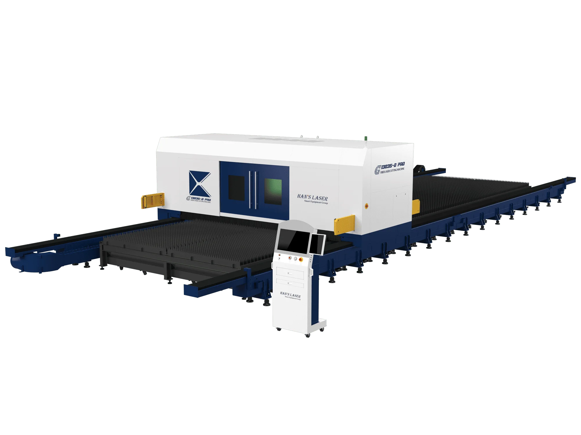 Волоконний лазерний комплекс Han's Laser G13035-O PRO у синьо-білому корпусі, з видом на кабіну захисту, станину та мобільну стійку ЧПК