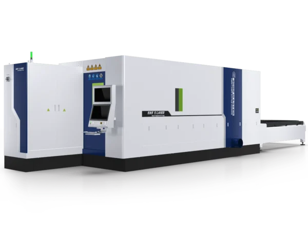 Волоконний лазерний верстат Hans Laser G3015F-Master закритого типу в білому корпусі з інтегрованою стійкою ЧПУ