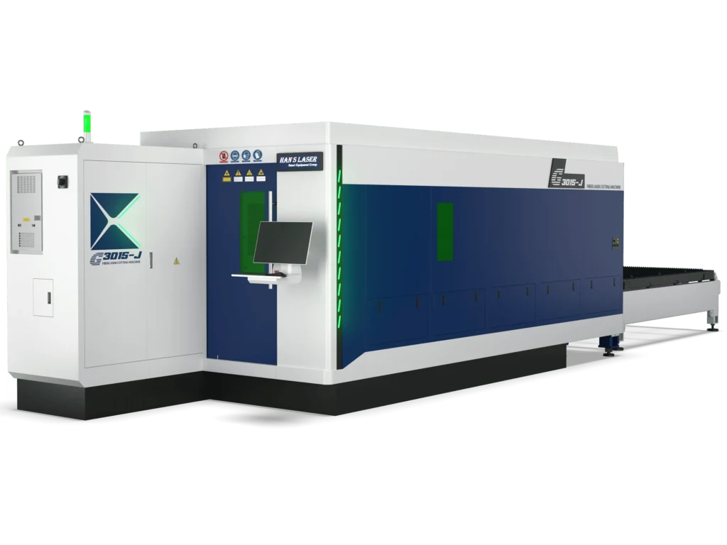 Верстат лазерного різання металу Hans Laser G3015-J закритого типу в біло-синьому корпусі з екраном керування