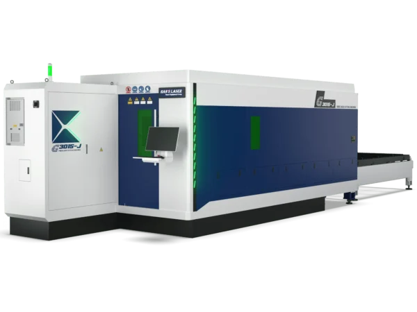 Верстат лазерного різання металу Hans Laser G3015-J закритого типу в біло-синьому корпусі з екраном керування