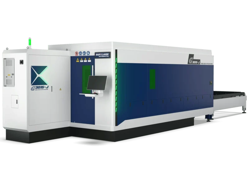 Верстат лазерного різання металу Hans Laser G3015-J закритого типу в біло-синьому корпусі з екраном керування