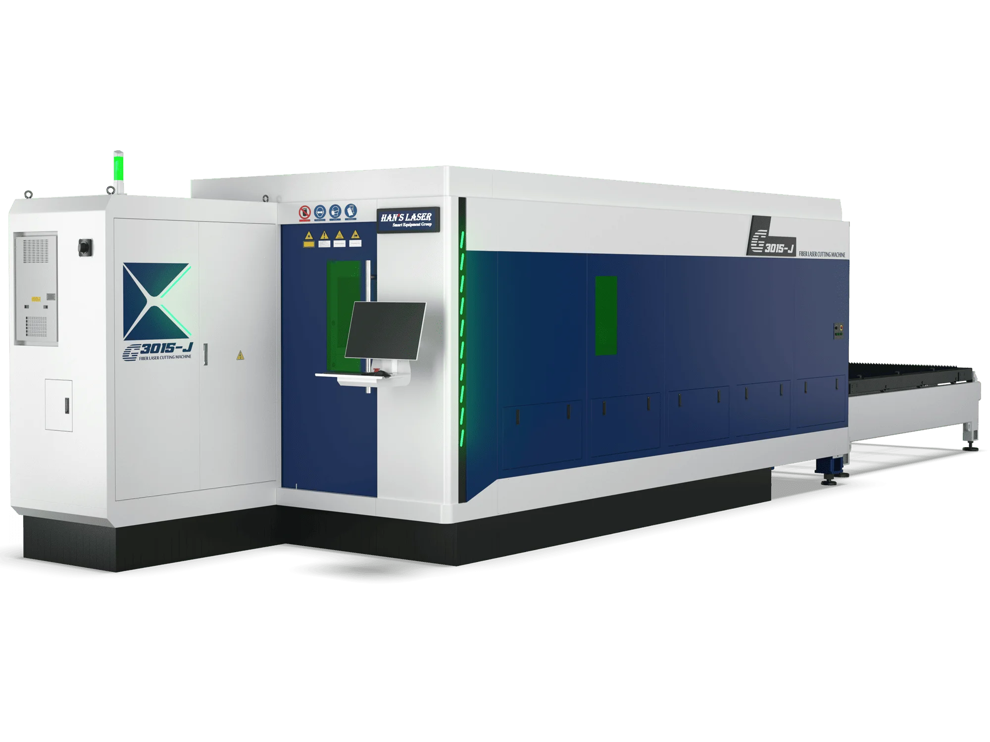Верстат лазерного різання металу Hans Laser G3015-J закритого типу в біло-синьому корпусі з екраном керування