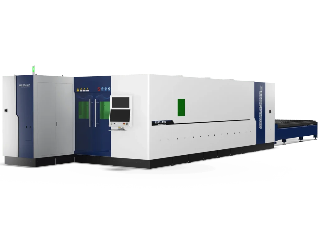 Волоконний лазерний комплекс Han's Laser G6025F-master у біло-синьому корпусі з інтегрованою стійкою ЧПК та висувною палетною платформою