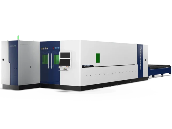Волоконний лазерний комплекс Han's Laser G6025F-master у біло-синьому корпусі з інтегрованою стійкою ЧПК та висувною палетною платформою