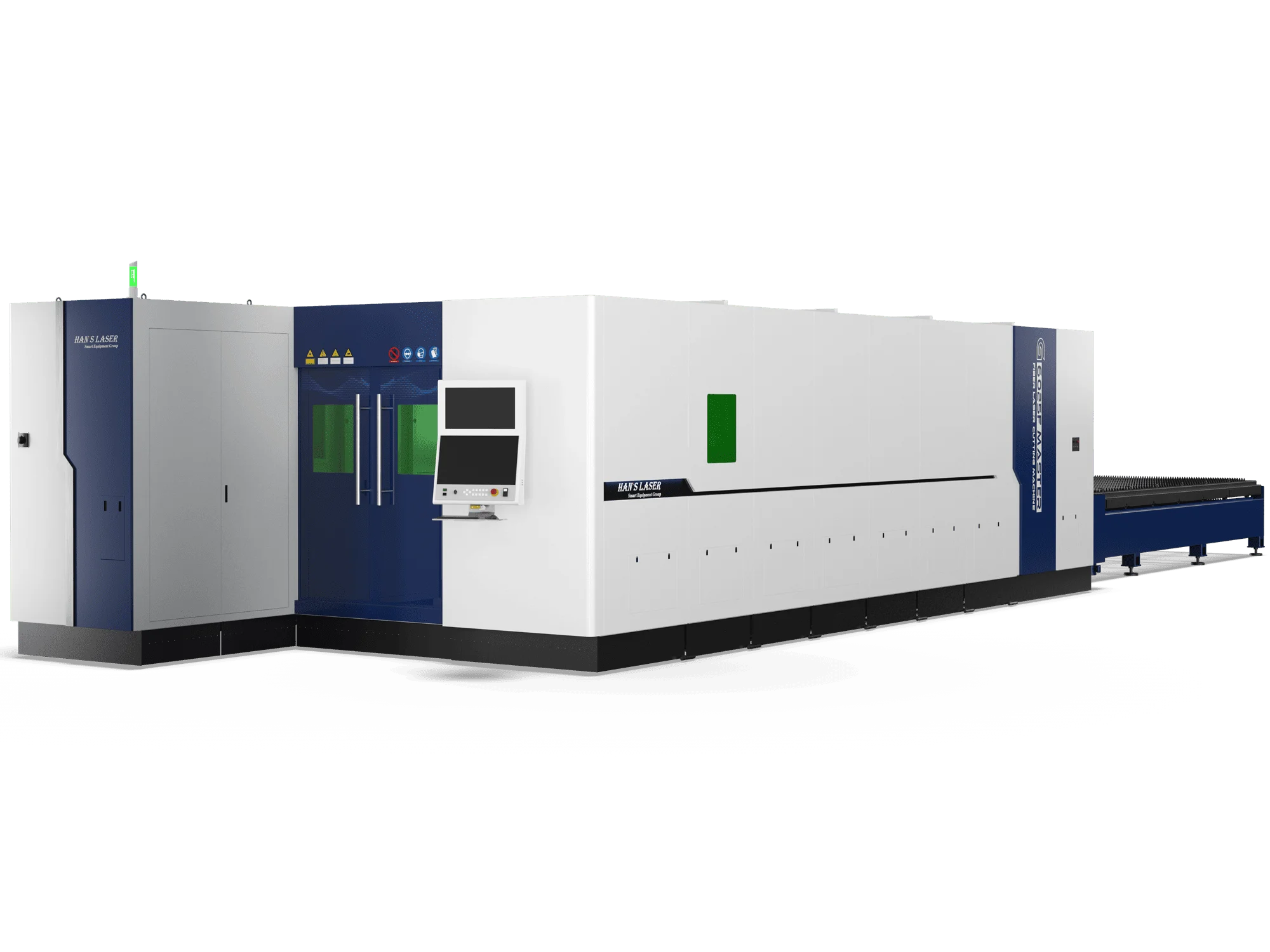 Волоконний лазерний комплекс Han's Laser G6025F-master у біло-синьому корпусі з інтегрованою стійкою ЧПК та висувною палетною платформою