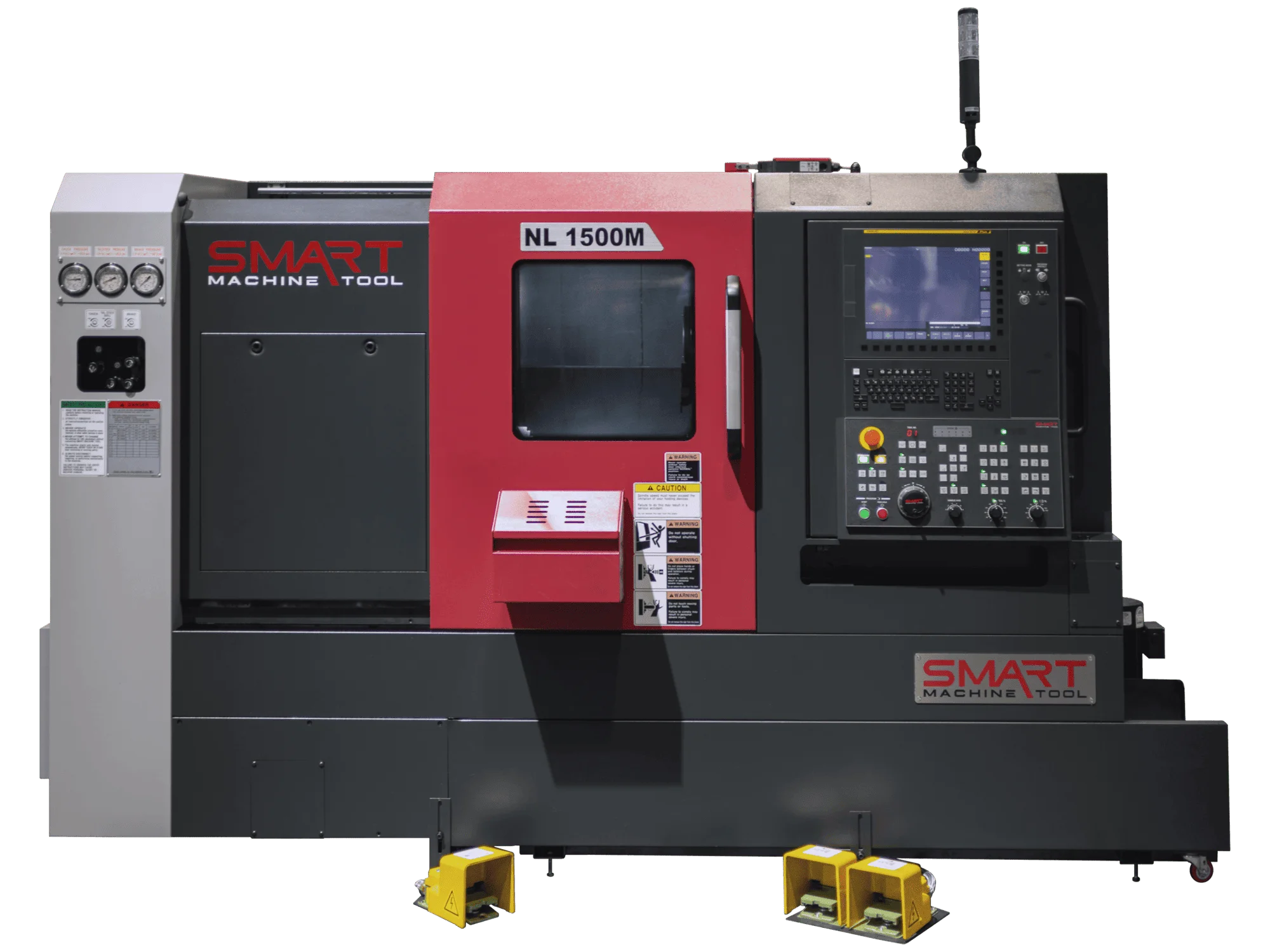 Токарний обробний центр з ЧПК SMART Machine Tool NL 1500M у червоно-чорному корпусі із зачиненими захисними дверцятами
