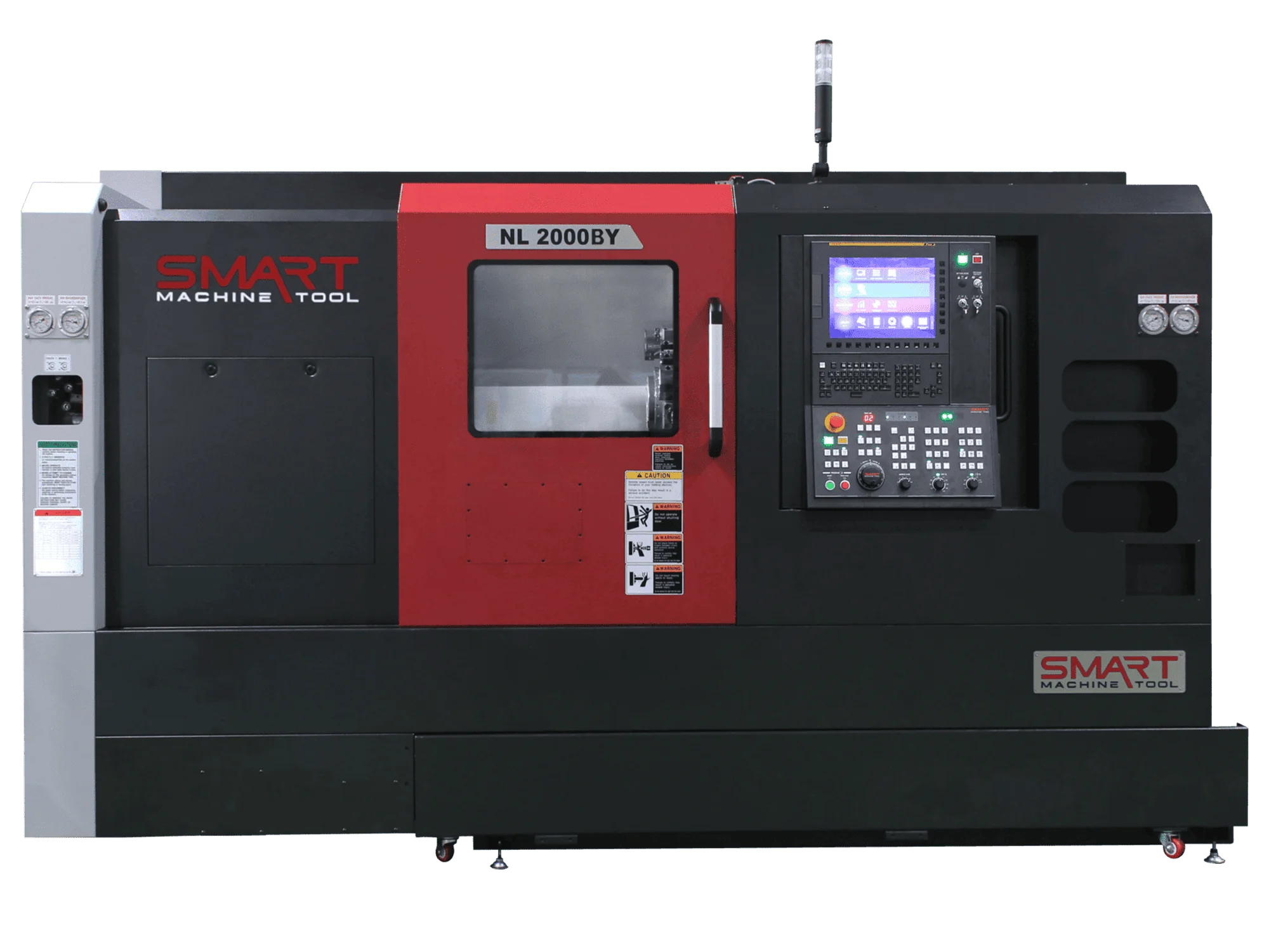 Токарно-фрезерний обробний центр з ЧПК SMART Machine Tool NL 2000BY у червоно-чорному корпусі з великим оглядовим вікном захисних дверей та 15-дюймовим монітором