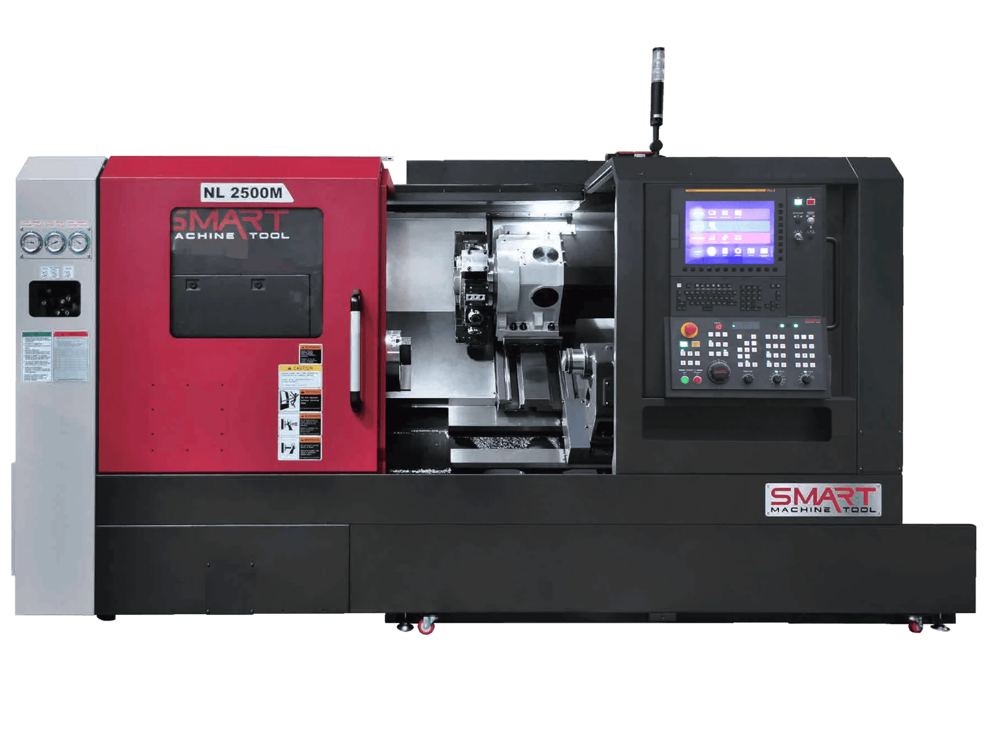 Токарний обробний центр з ЧПК SMART Machine Tool NL 2500M у червоно-чорному корпусі з відкритою робочою зоною та 15-дюймовим монітором стійки керування
