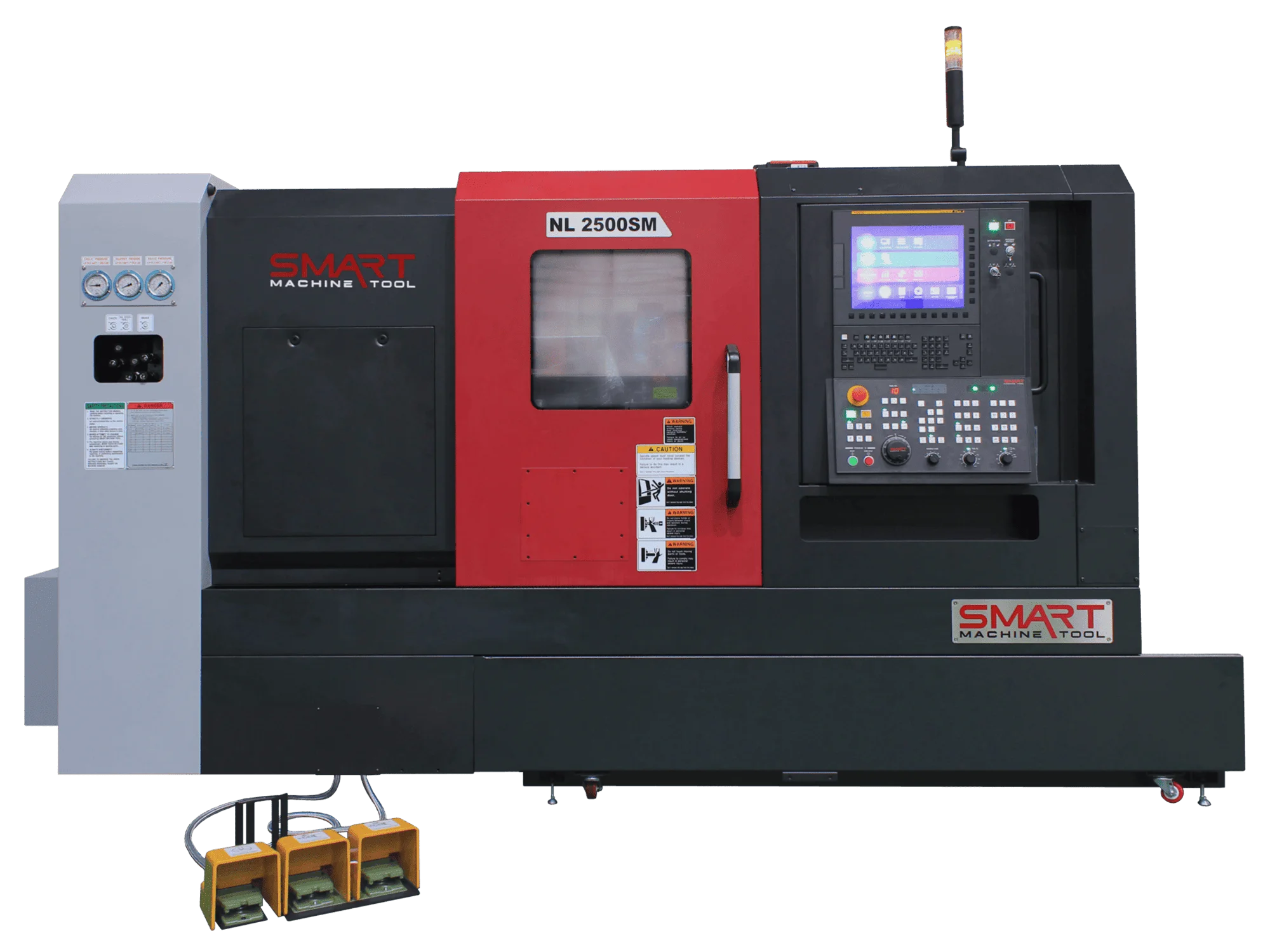 Токарний обробний центр з ЧПК SMART Machine Tool NL 2500SM у червоно-чорному корпусі із зачиненими захисними дверцятами