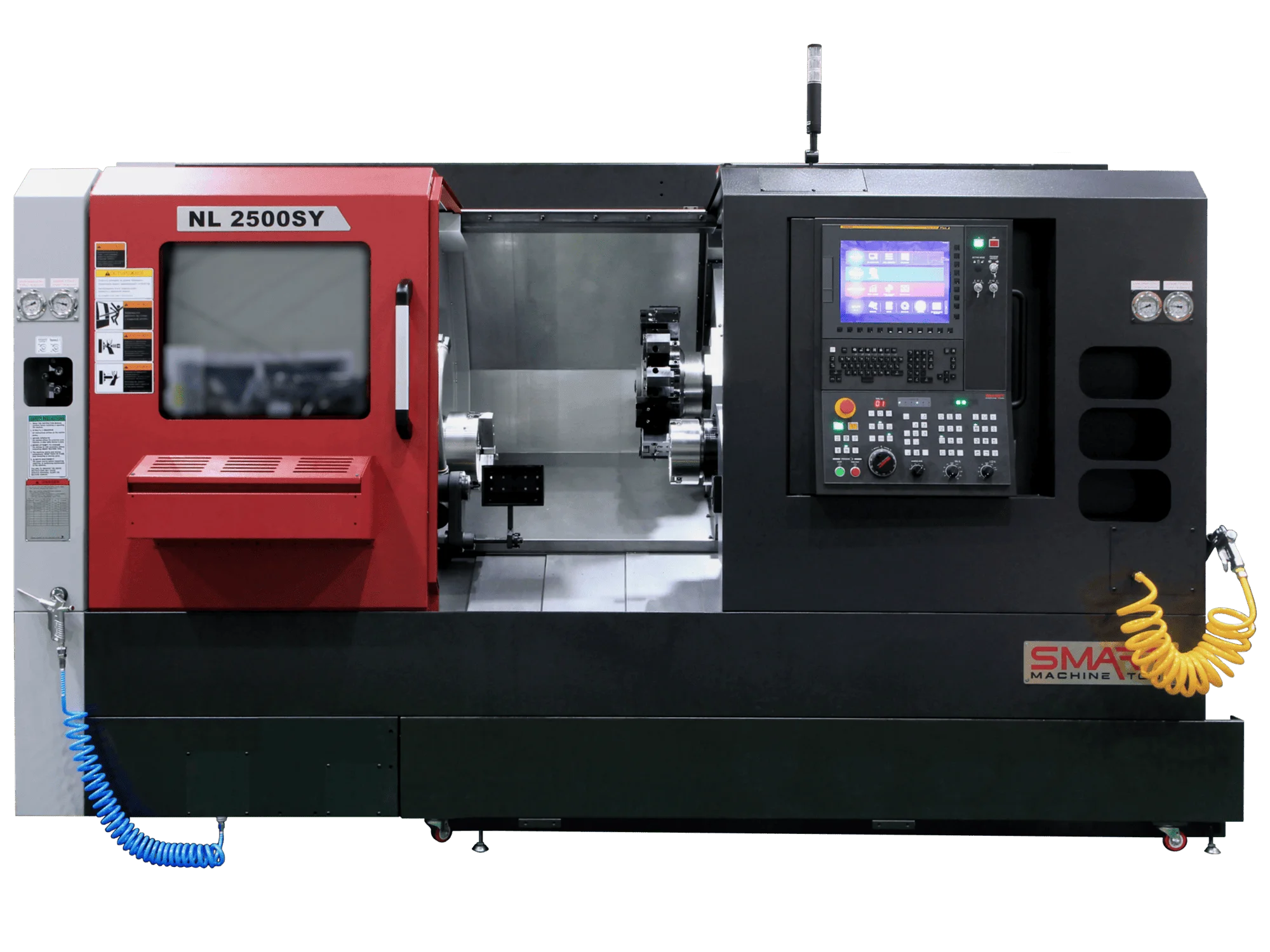 Токарно-фрезерний обробний центр з ЧПК SMART Machine Tool NL 2500SY у червоно-чорному корпусі з інтегрованою стійкою керування та вловлювачем готових деталей