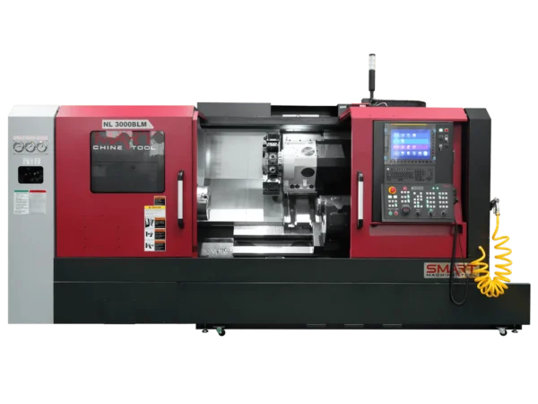 Токарний обробний центр з ЧПК SMART Machine Tool NL 3000BLM у червоно-чорному корпусі з інтегрованою панеллю керування