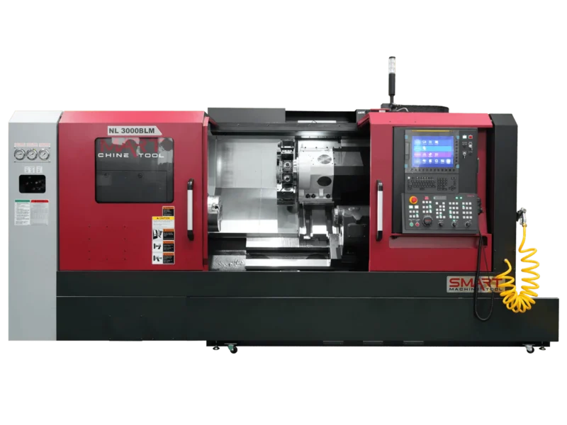 Токарний обробний центр з ЧПК SMART Machine Tool NL 3000BLM у червоно-чорному корпусі з інтегрованою панеллю керування