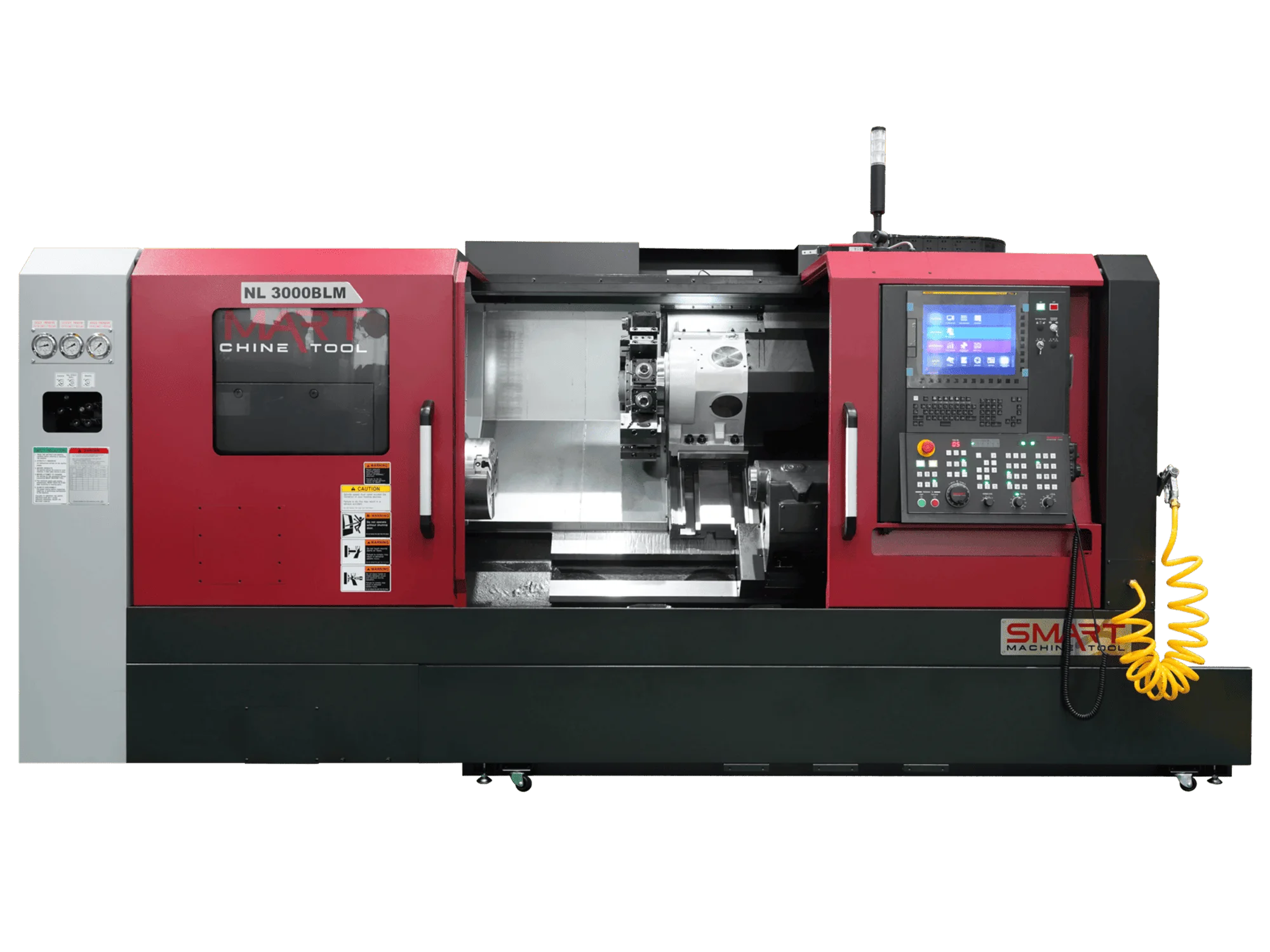 Токарний обробний центр з ЧПК SMART Machine Tool NL 3000BLM у червоно-чорному корпусі з інтегрованою панеллю керування