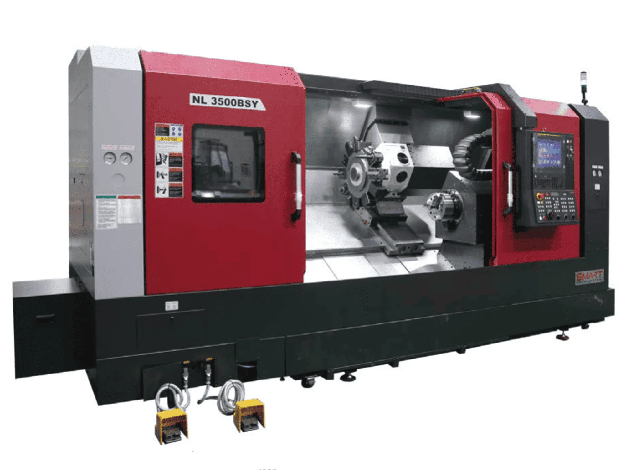 Токарно-фрезерний обробний центр з ЧПК SMART Machine Tool NL 3500BSY у червоно-чорному корпусі з великою відкритою робочою зоною, револьверною головкою