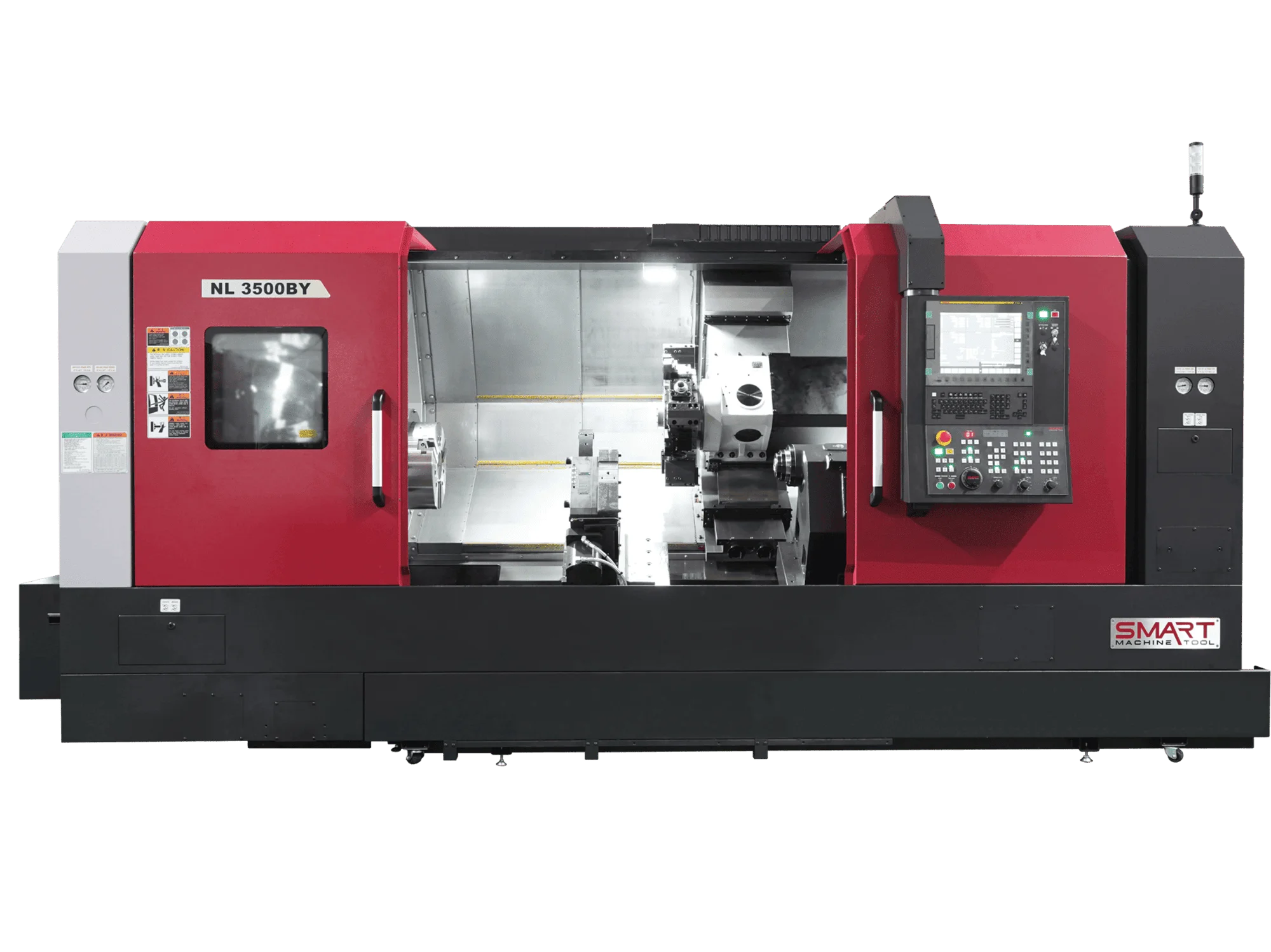 Токарний обробний центр з ЧПК SMART Machine Tool NL 3500BY у червоно-чорному корпусі з великою відкритою робочою зоною та стійкою керування