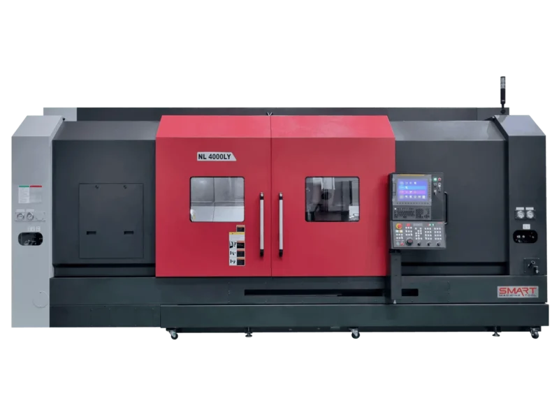 Токарний обробний центр з ЧПК SMART Machine Tool NL 4000LY у червоно-чорному корпусі із зачиненими захисними дверцятами