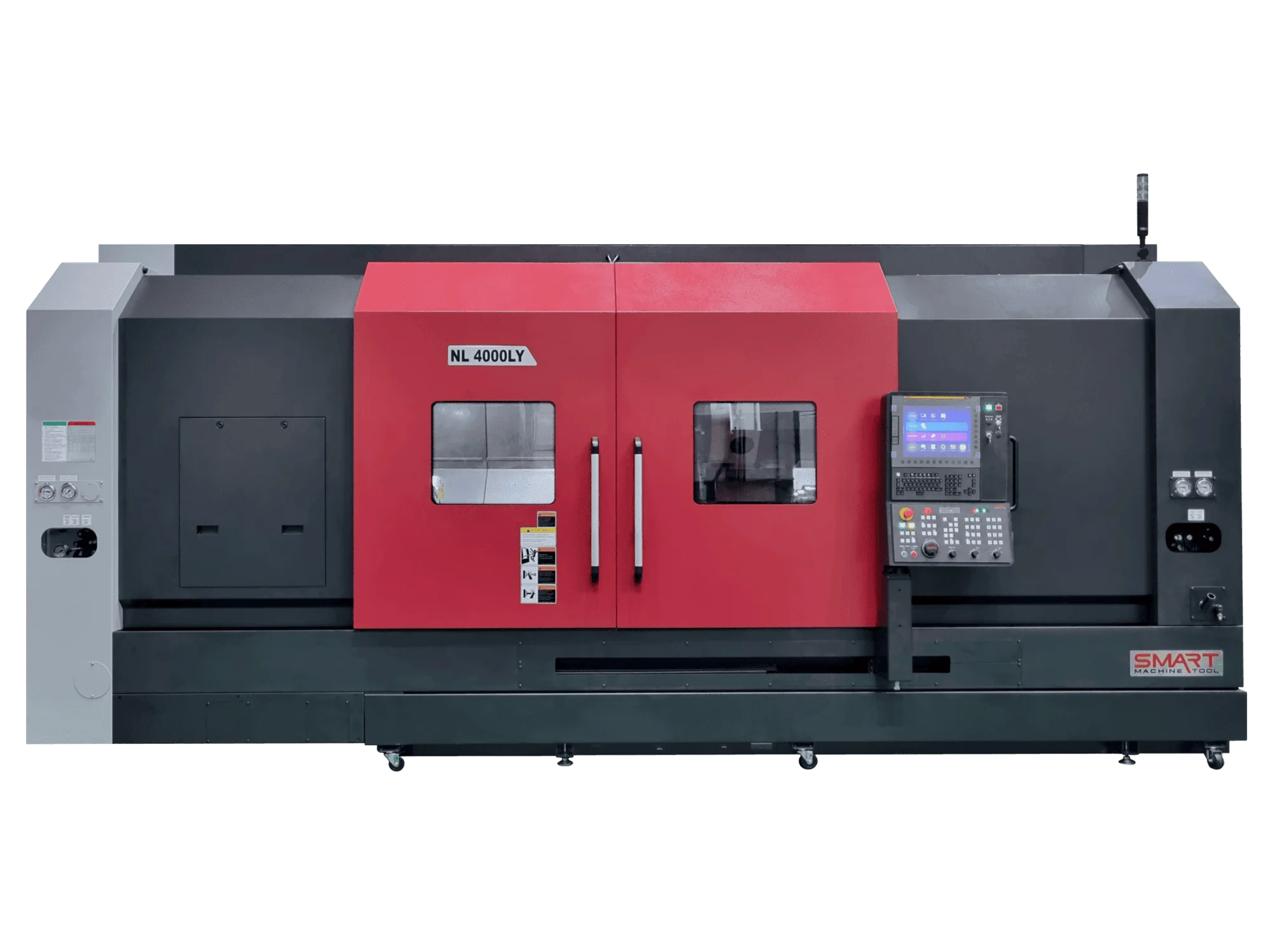Токарний обробний центр з ЧПК SMART Machine Tool NL 4000LY у червоно-чорному корпусі із зачиненими захисними дверцятами