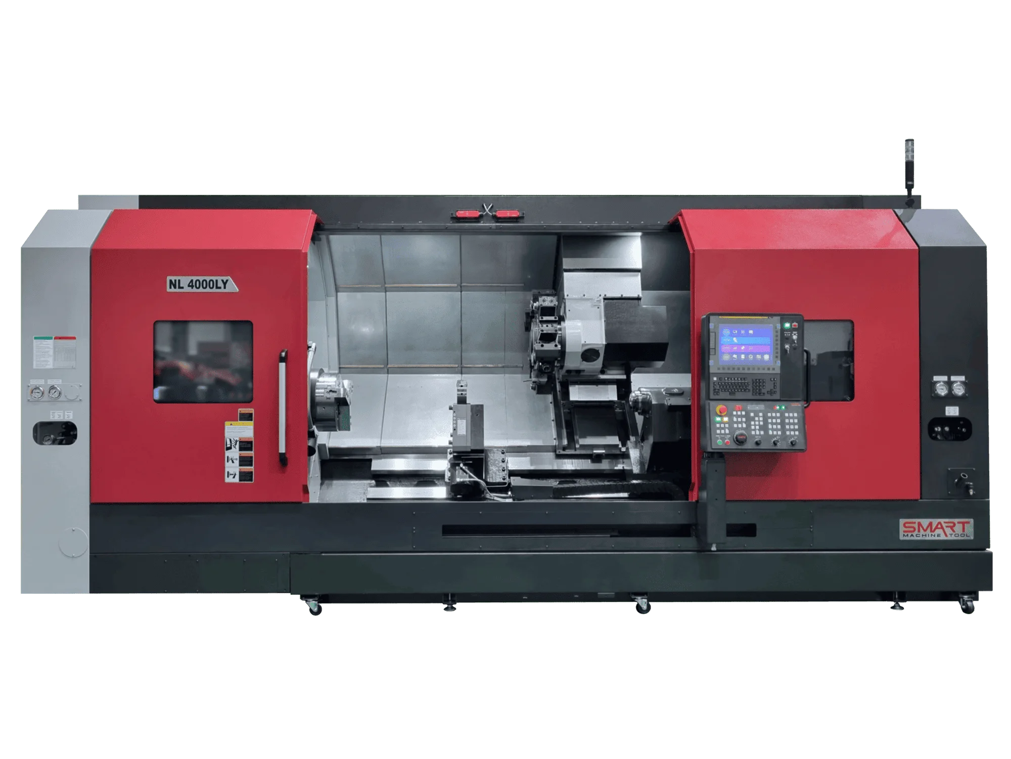 Токарний обробний центр з ЧПК SMART Machine Tool NL 4000LY у червоно-чорному корпусі з відкритими захисними дверцятами робочої зони та стійкою керування