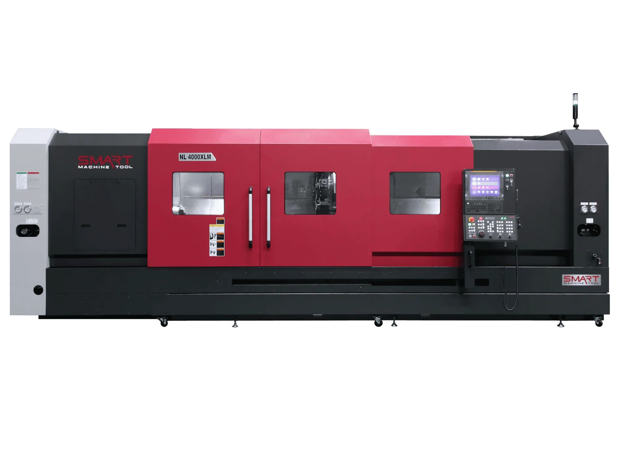 Токарний обробний центр з ЧПК SMART Machine Tool NL 4000XLM у червоно-чорному корпусі із зачиненими захисними дверцятами