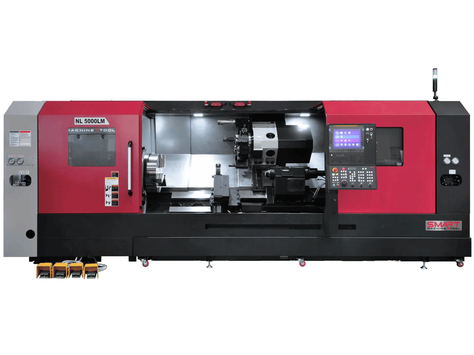 Токарний обробний центр з ЧПК SMART Machine Tool NL 5000LM у червоно-чорному корпусі з інтегрованою 15-дюймовою панелю керування