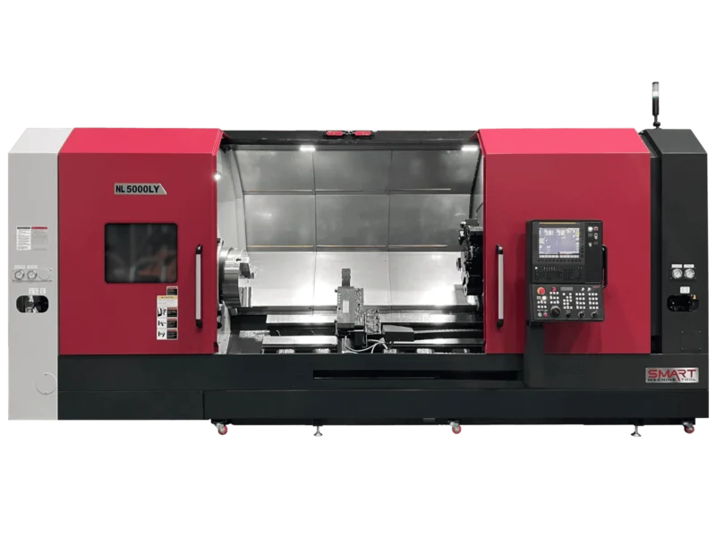 Токарний обробний центр з ЧПК SMART Machine Tool NL 5000LY у червоно-чорному корпусі з інтегрованою системою ЧПК та великою робочою зоною