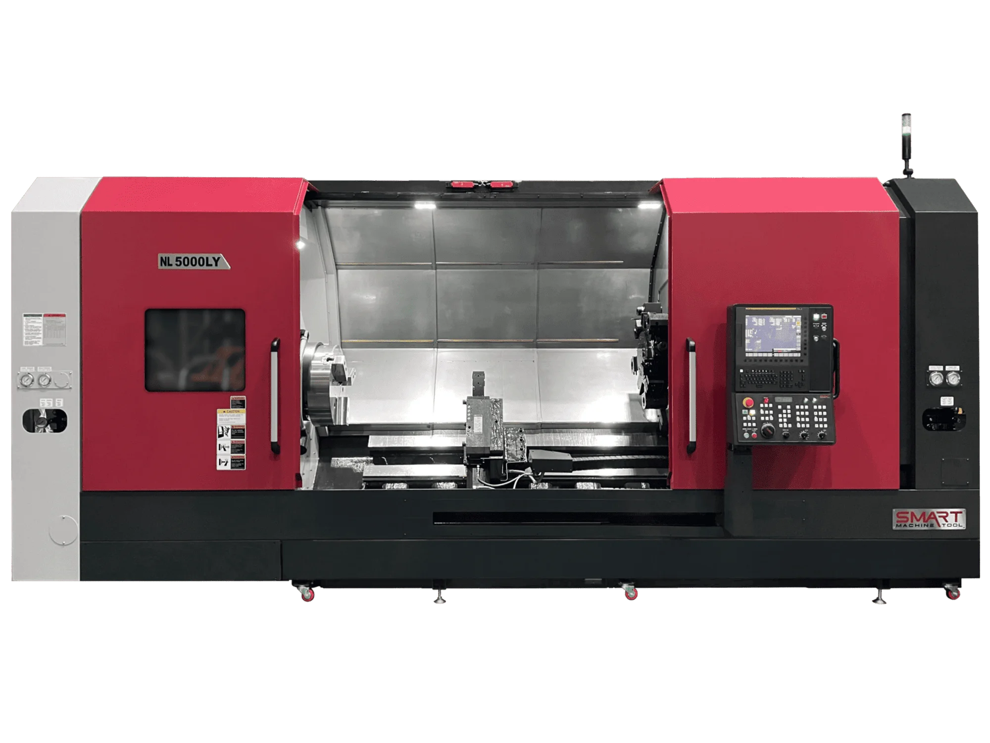 Токарний обробний центр з ЧПК SMART Machine Tool NL 5000LY у червоно-чорному корпусі з інтегрованою системою ЧПК та великою робочою зоною
