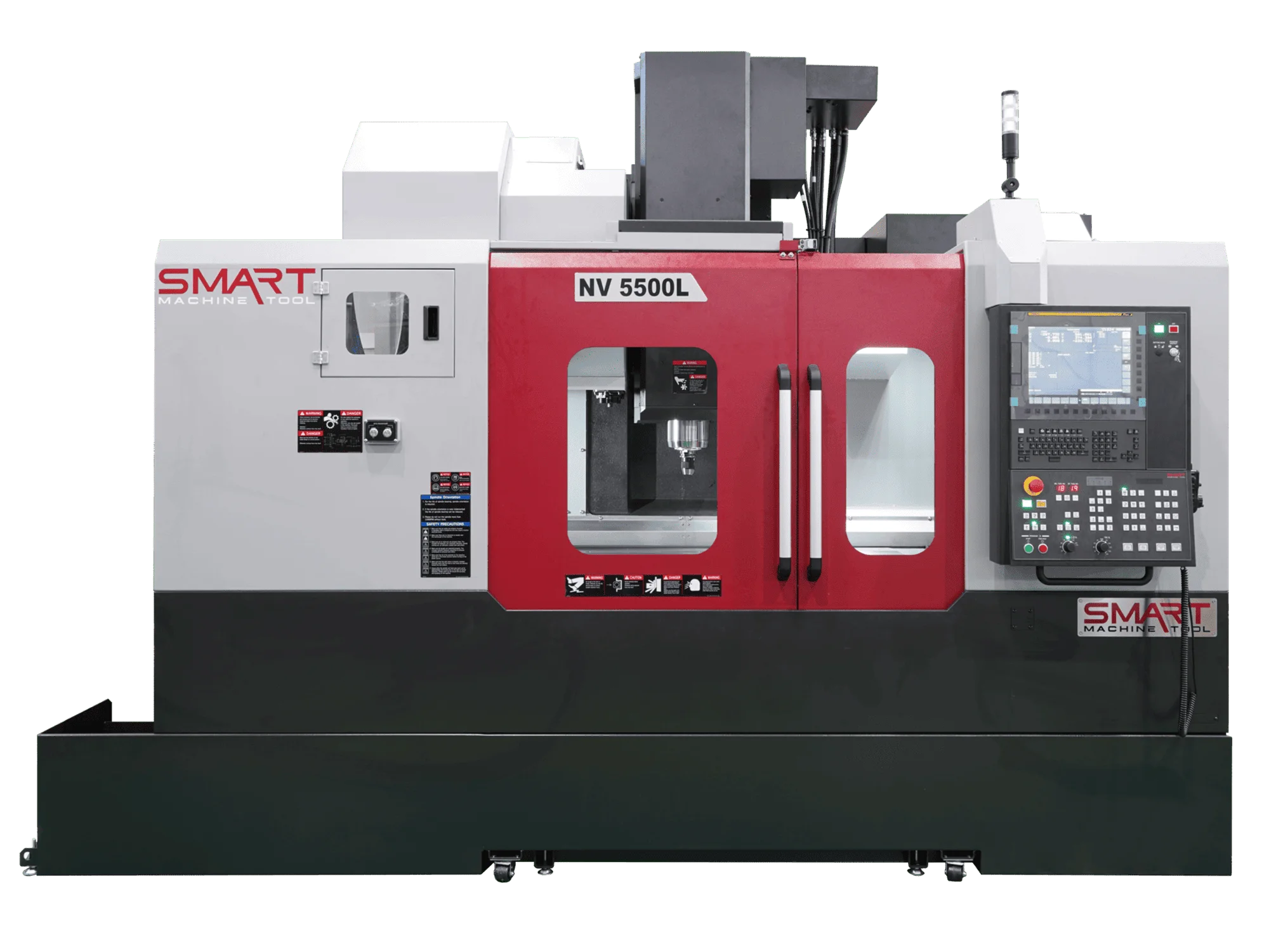 Вертикально-фрезерний обробний центр з ЧПК SMART Machine Tool NV 5500L II у червоно-білому корпусі із зачиненими захисними дверцятами