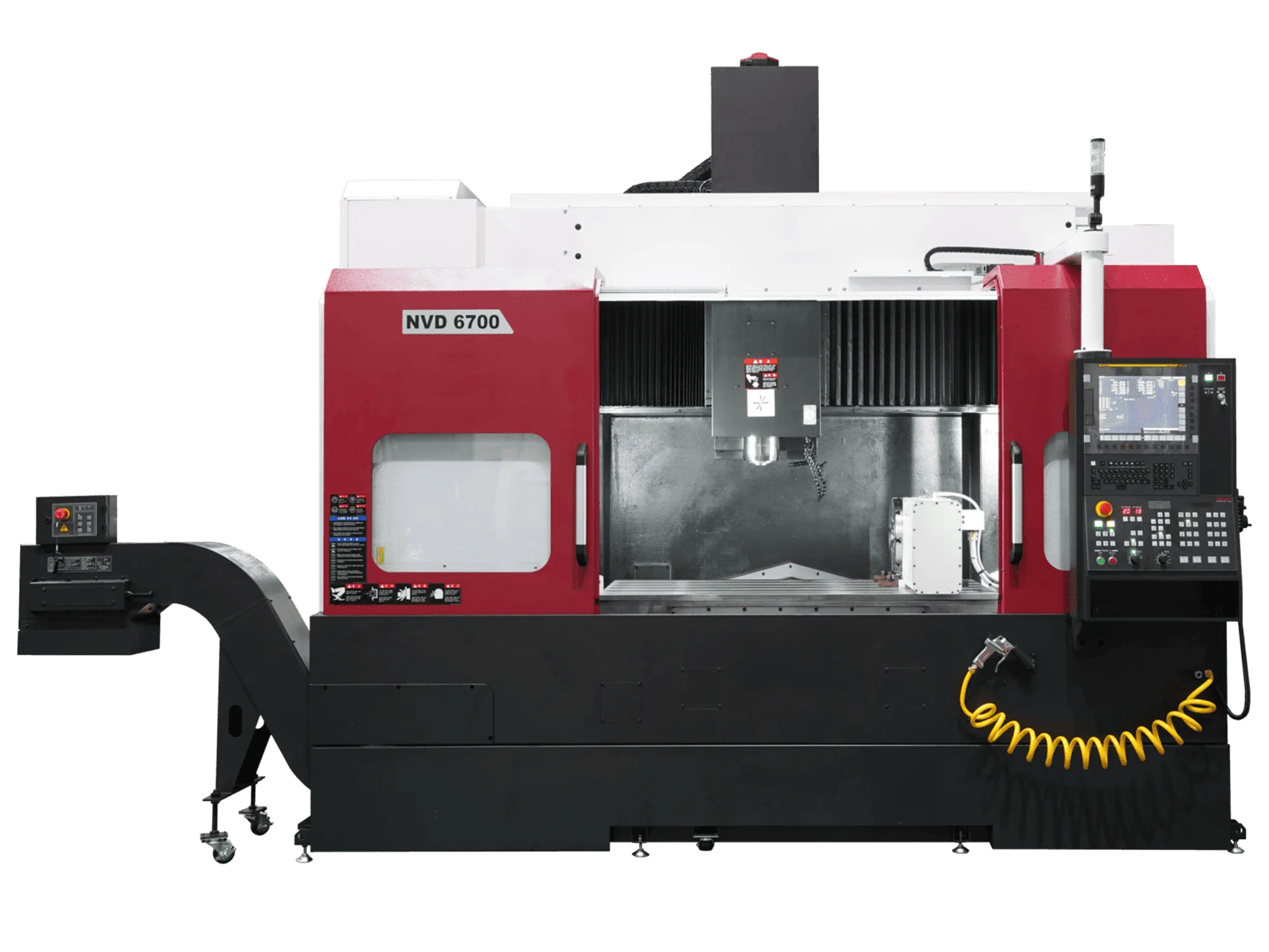 Вертикально-фрезерний обробний центр з ЧПК SMART Machine Tool NVD 6700 у червоно-чорному корпусі з інтегрованим конвеєром для видалення стружки ліворуч