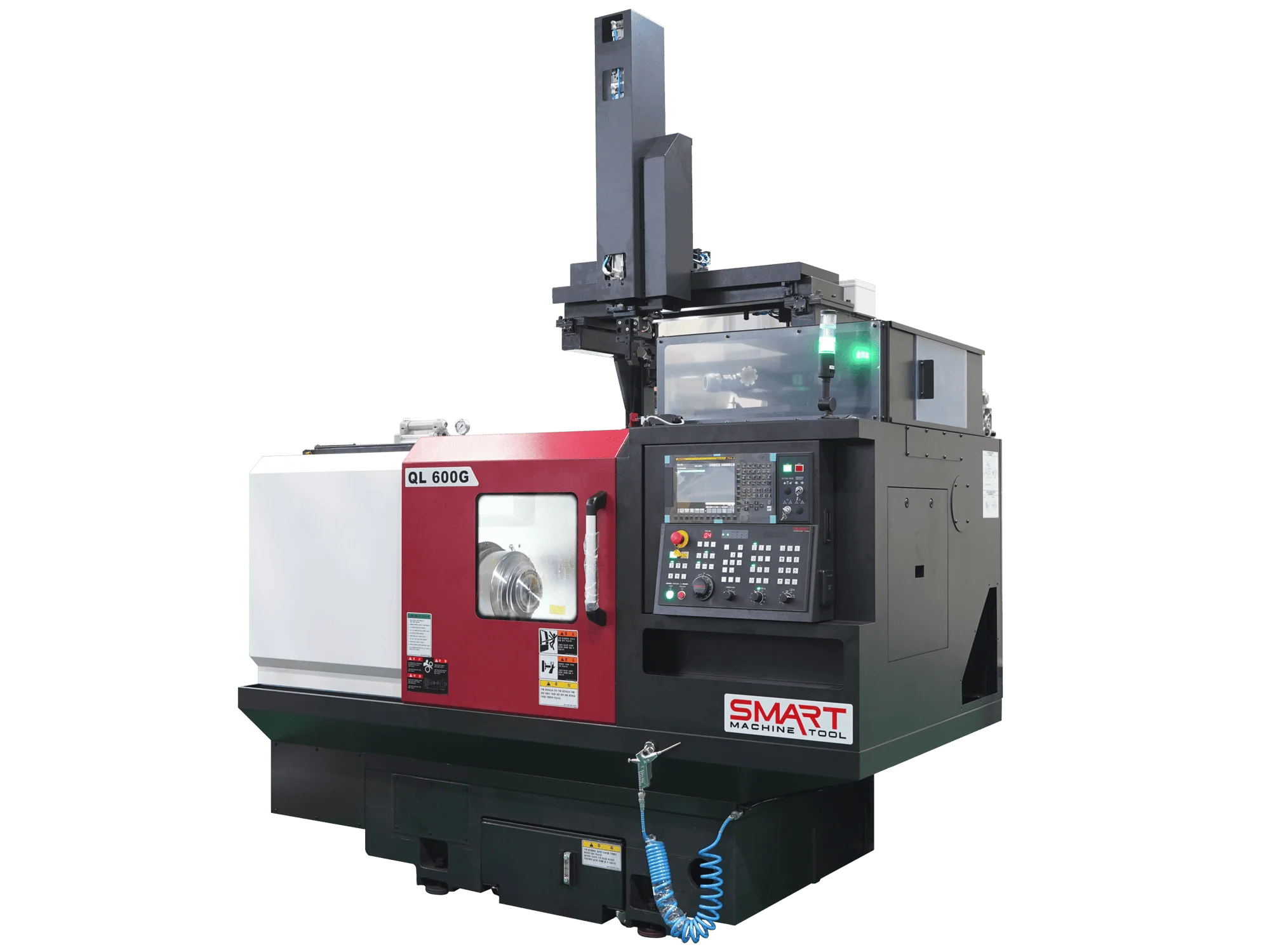 Токарний верстат з ЧПК SMART Machine Tool QL 600G червоно-чорного кольору з інтегрованою системою автоматизації та стійкою керування з великим екраном