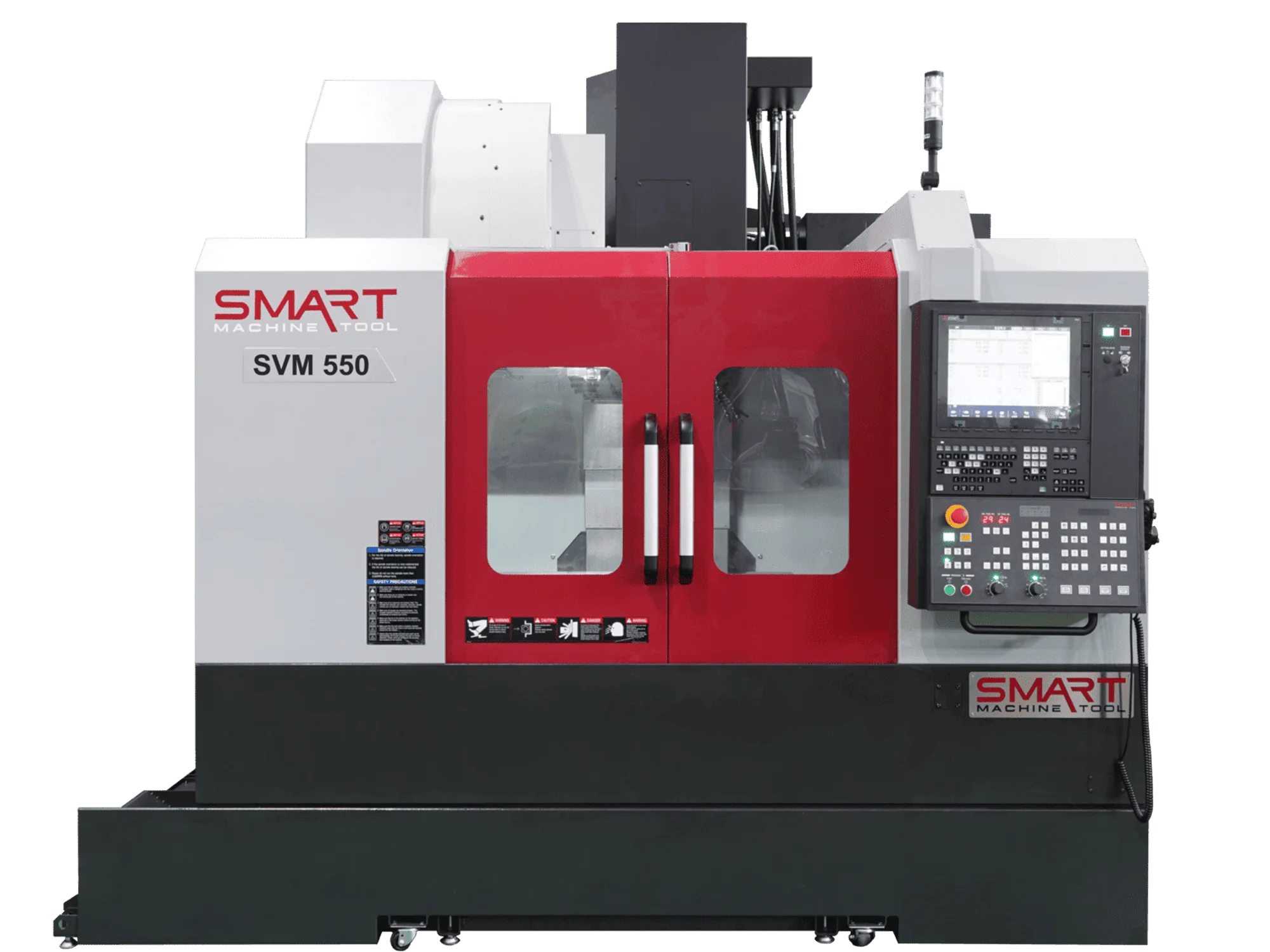 Вертикально-фрезерний обробний центр з ЧПК SMART Machine Tool SVM 550 з червоно-білим корпусом, відчиненими захисними дверцятами робочої зони та стійкою керування