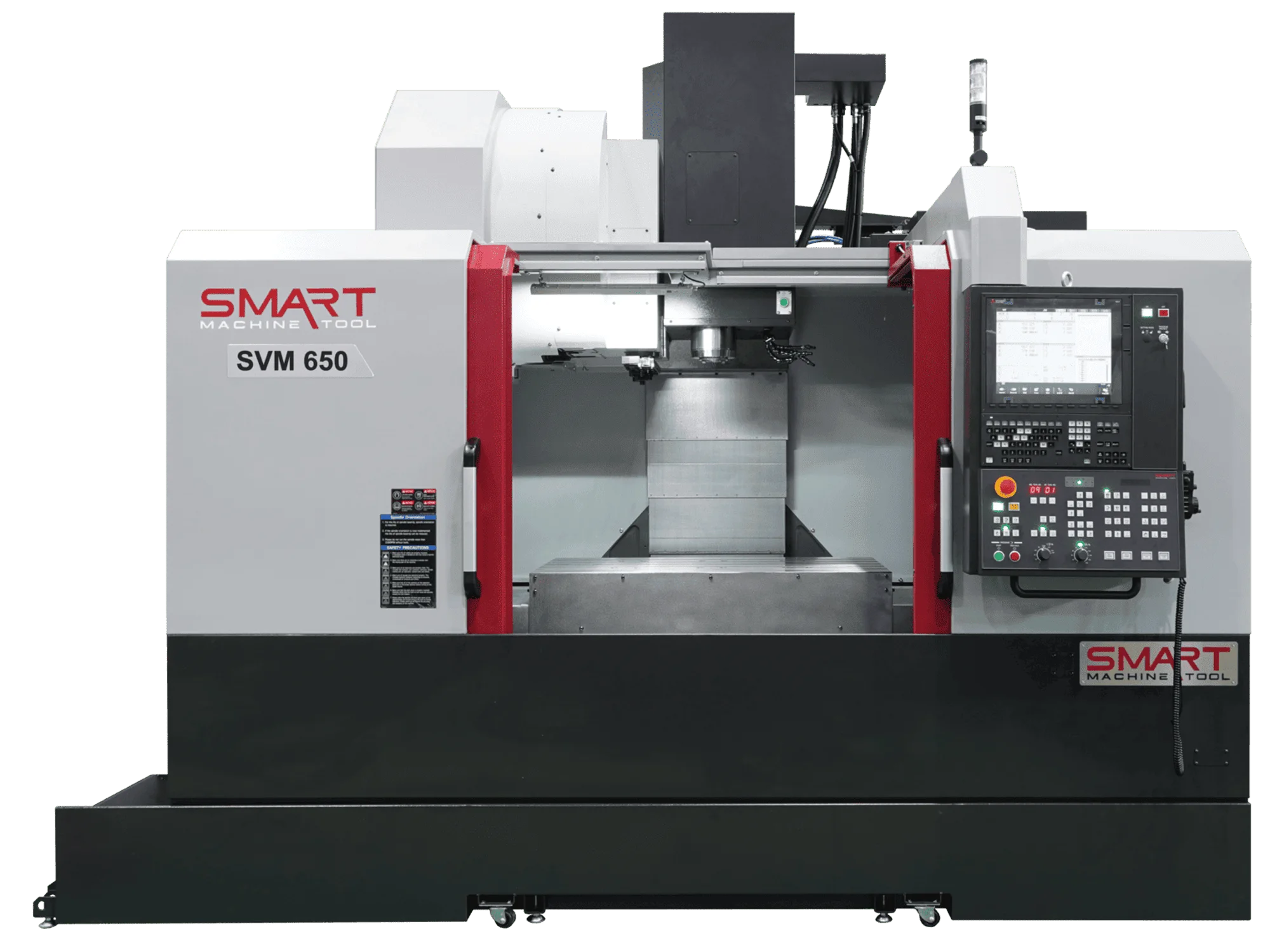 Вертикально-фрезерний обробний центр з ЧПК SMART Machine Tool SVM 650 білого кольору з червоними захисними дверцятами та панеллю керування з екраном