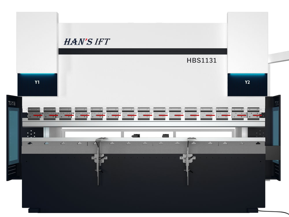 листозгинальний прес Han's IFT HBS1131 біло-чорного кольору з маркуванням осей Y1 та Y2 та інструментальною системою в робочій зоні
